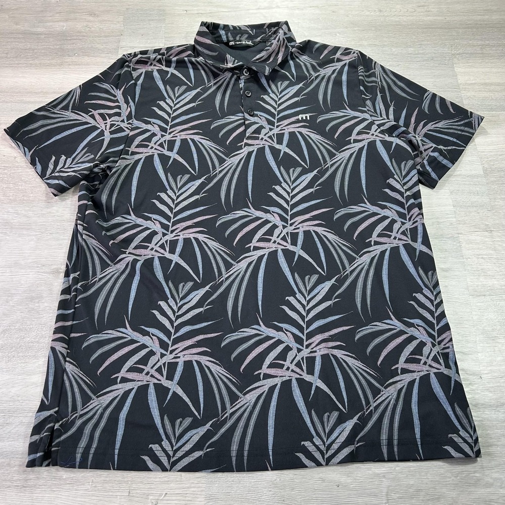 Travis Mathew Polo Shirt Mens 2XL Black Palm Leaf Golf Performance Tropical